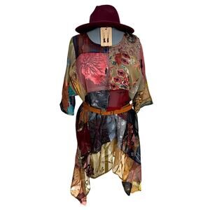Sterling Styles Art Silk Velvet Burnout Patchwork Tunic Top Boho Art to Wear OS